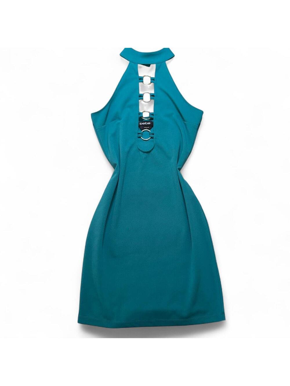 Vintage Y2K bebe turquoise teal halter mini dress